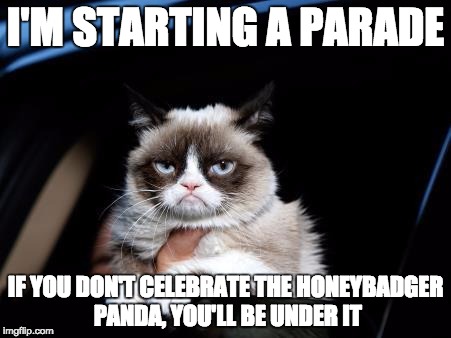Grumpy Cat | I'M STARTING A PARADE; IF YOU DON'T CELEBRATE THE HONEYBADGER PANDA, YOU'LL BE UNDER IT | image tagged in grumpy cat | made w/ Imgflip meme maker