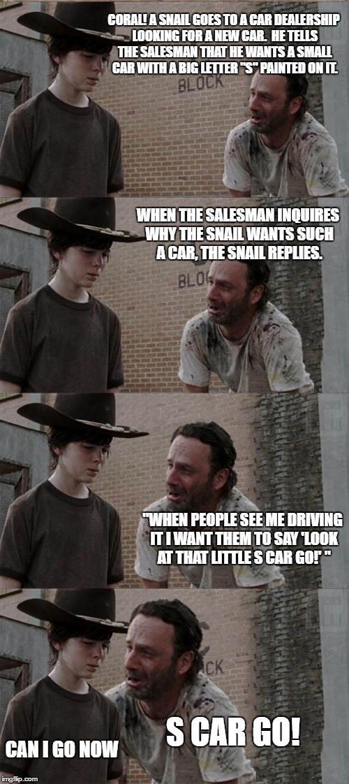 Rick and Carl Long Meme | CORAL! A SNAIL GOES TO A CAR DEALERSHIP LOOKING FOR A NEW CAR.  HE TELLS THE SALESMAN THAT HE WANTS A SMALL CAR WITH A BIG LETTER "S" PAINTED ON IT. WHEN THE SALESMAN INQUIRES WHY THE SNAIL WANTS SUCH A CAR, THE SNAIL REPLIES. "WHEN PEOPLE SEE ME DRIVING IT I WANT THEM TO SAY 'LOOK AT THAT LITTLE S CAR GO!' "; S CAR GO! CAN I GO NOW | image tagged in memes,rick and carl long | made w/ Imgflip meme maker