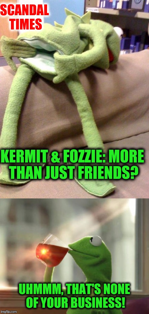 Say it ain't so, Kermie! | SCANDAL TIMES; KERMIT & FOZZIE: MORE THAN JUST FRIENDS? UHMMM, THAT'S NONE OF YOUR BUSINESS! | image tagged in nsfw,kermit the frog,fozzie bear | made w/ Imgflip meme maker