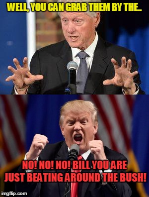 Clinton vs Trump on technique | WELL, YOU CAN GRAB THEM BY THE.. NO! NO! NO! BILL YOU ARE JUST BEATING AROUND THE BUSH! | image tagged in bill clinton,donald trump,technique,women | made w/ Imgflip meme maker