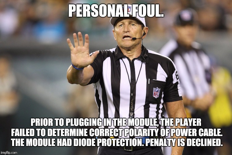 Ed Hochuli Fallacy Referee | PERSONAL FOUL. PRIOR TO PLUGGING IN THE MODULE, THE PLAYER FAILED TO DETERMINE CORRECT POLARITY OF POWER CABLE. THE MODULE HAD DIODE PROTECTION. PENALTY IS DECLINED. | image tagged in ed hochuli fallacy referee | made w/ Imgflip meme maker