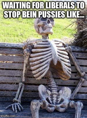 Waiting Skeleton Meme | WAITING FOR LIBERALS TO STOP BEIN PUSSIES LIKE... | image tagged in memes,waiting skeleton | made w/ Imgflip meme maker