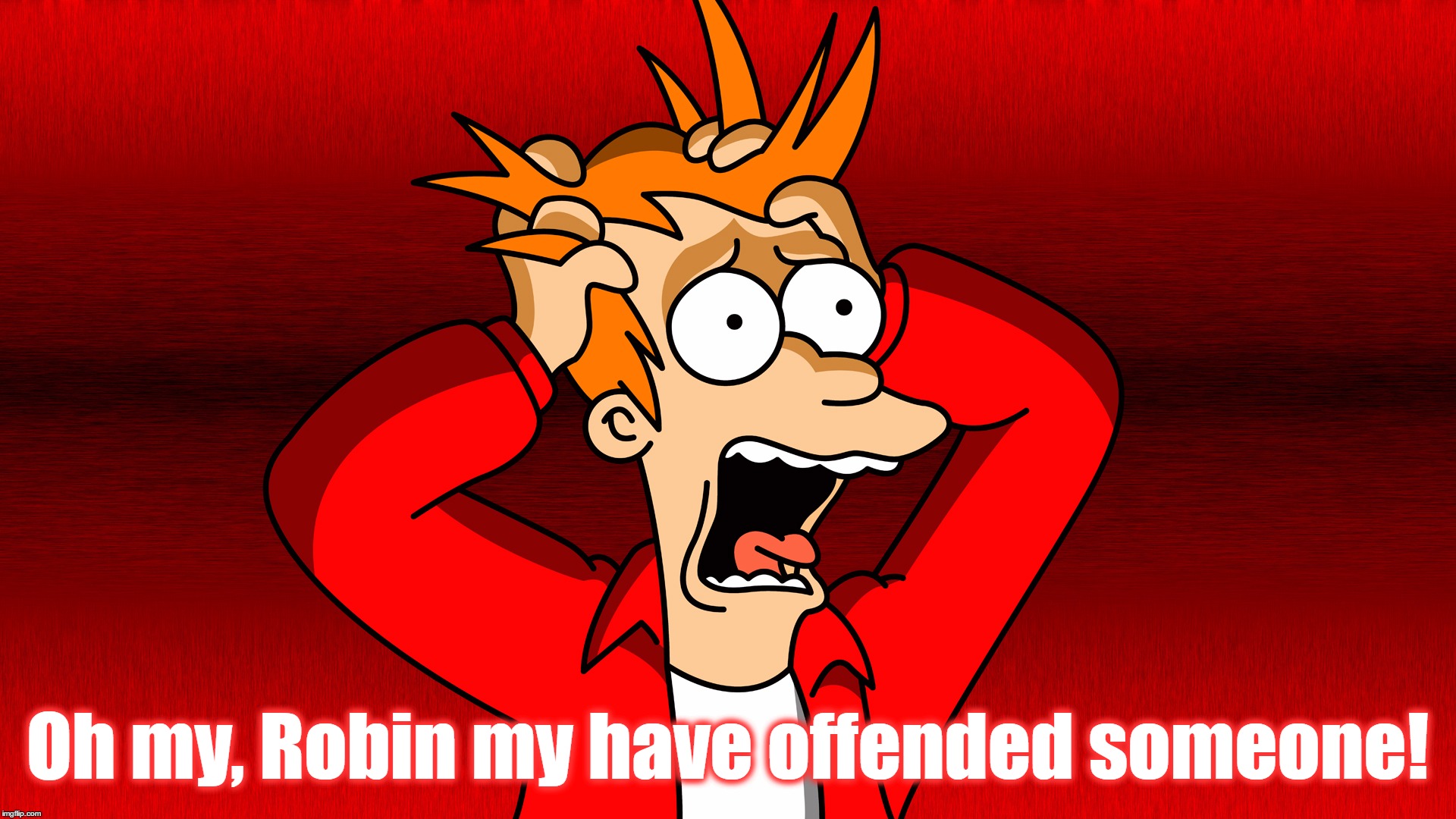 Fry Panic | Oh my, Robin my have offended someone! | image tagged in fry panic | made w/ Imgflip meme maker