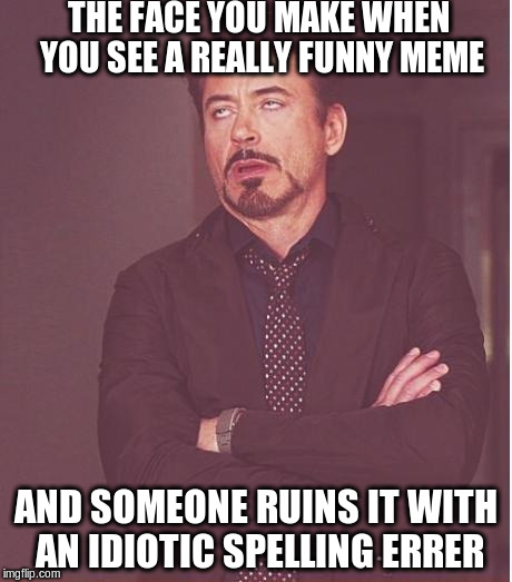 Robert Downey Junior Eye Roll | THE FACE YOU MAKE WHEN YOU SEE A REALLY FUNNY MEME; AND SOMEONE RUINS IT WITH AN IDIOTIC SPELLING ERRER | image tagged in robert downey junior eye roll | made w/ Imgflip meme maker