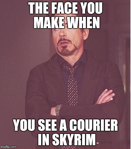 Face You Make Robert Downey Jr | THE FACE YOU MAKE WHEN; YOU SEE A COURIER IN SKYRIM | image tagged in memes,face you make robert downey jr | made w/ Imgflip meme maker
