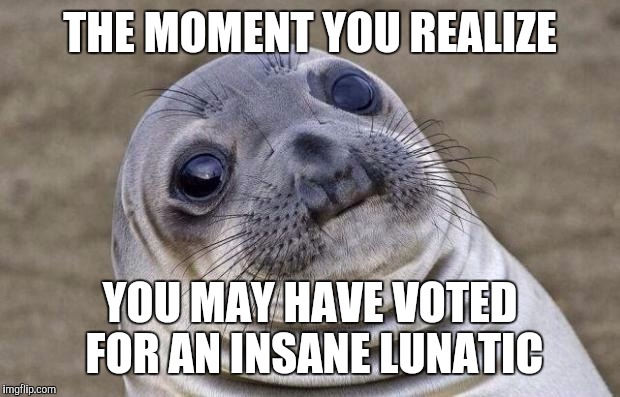 2nd thoughts | THE MOMENT YOU REALIZE; YOU MAY HAVE VOTED FOR AN INSANE LUNATIC | image tagged in memes,awkward moment sealion | made w/ Imgflip meme maker