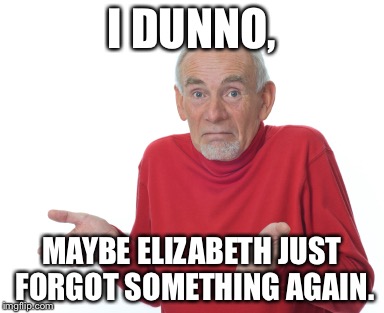 Shrugging | I DUNNO, MAYBE ELIZABETH JUST FORGOT SOMETHING AGAIN. | image tagged in shrugging | made w/ Imgflip meme maker
