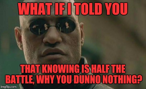 Matrix Morpheus Meme | WHAT IF I TOLD YOU; THAT KNOWING IS HALF THE BATTLE, WHY YOU DUNNO NOTHING? | image tagged in memes,matrix morpheus | made w/ Imgflip meme maker