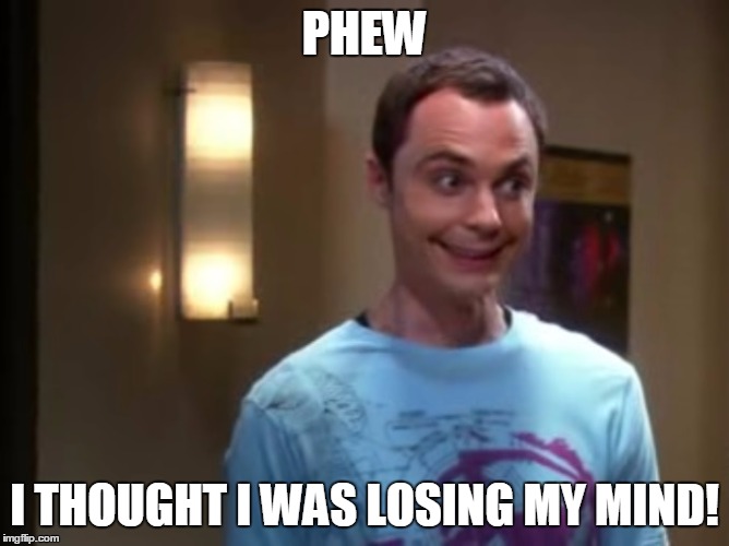 Sheldon With The Giggles | PHEW I THOUGHT I WAS LOSING MY MIND! | image tagged in sheldon with the giggles | made w/ Imgflip meme maker