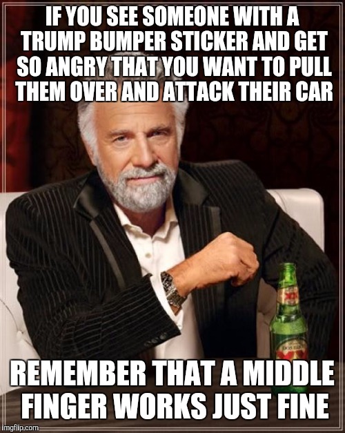 The Most Interesting Man In The World Meme | IF YOU SEE SOMEONE WITH A TRUMP BUMPER STICKER AND GET SO ANGRY THAT YOU WANT TO PULL THEM OVER AND ATTACK THEIR CAR; REMEMBER THAT A MIDDLE FINGER WORKS JUST FINE | image tagged in memes,the most interesting man in the world,calm the fuck down | made w/ Imgflip meme maker