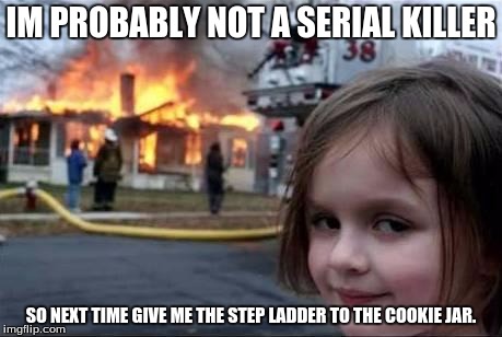 Burning House Girl | IM PROBABLY NOT A SERIAL KILLER; SO NEXT TIME GIVE ME THE STEP LADDER TO THE COOKIE JAR. | image tagged in burning house girl | made w/ Imgflip meme maker