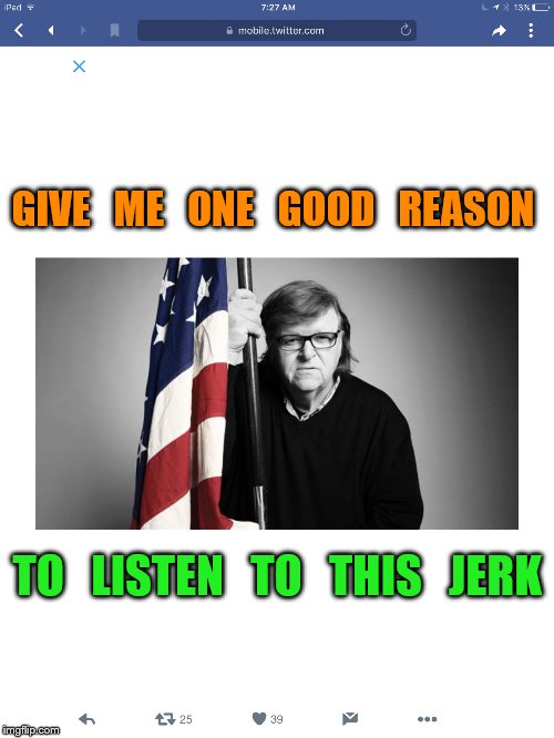 GIVE   ME   ONE   GOOD   REASON; TO   LISTEN   TO   THIS   JERK | image tagged in michael moore | made w/ Imgflip meme maker