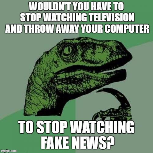 Philosoraptor Meme | WOULDN'T YOU HAVE TO STOP WATCHING TELEVISION AND THROW AWAY YOUR COMPUTER TO STOP WATCHING FAKE NEWS? | image tagged in memes,philosoraptor | made w/ Imgflip meme maker