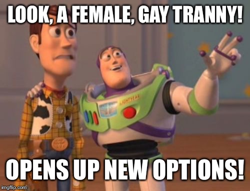 X, X Everywhere Meme | LOOK, A FEMALE, GAY TRANNY! OPENS UP NEW OPTIONS! | image tagged in memes,x x everywhere | made w/ Imgflip meme maker