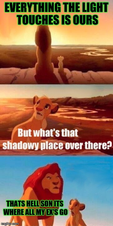 Simba Shadowy Place | EVERYTHING THE LIGHT TOUCHES IS OURS; THATS HELL SON ITS WHERE ALL MY EX'S GO | image tagged in memes,simba shadowy place | made w/ Imgflip meme maker