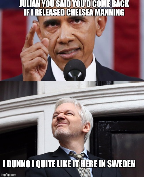 Chelsea / Bradley for the SJW in you | JULIAN YOU SAID YOU'D COME BACK IF I RELEASED CHELSEA MANNING; I DUNNO I QUITE LIKE IT HERE IN SWEDEN | image tagged in memes,obama,pissed off obama,wikileaks | made w/ Imgflip meme maker