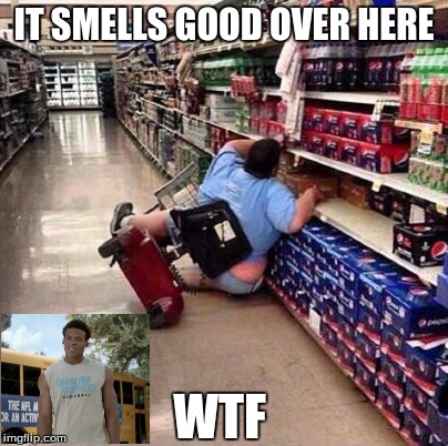 Fat Person Falling Over | IT SMELLS GOOD OVER HERE; WTF | image tagged in fat person falling over | made w/ Imgflip meme maker