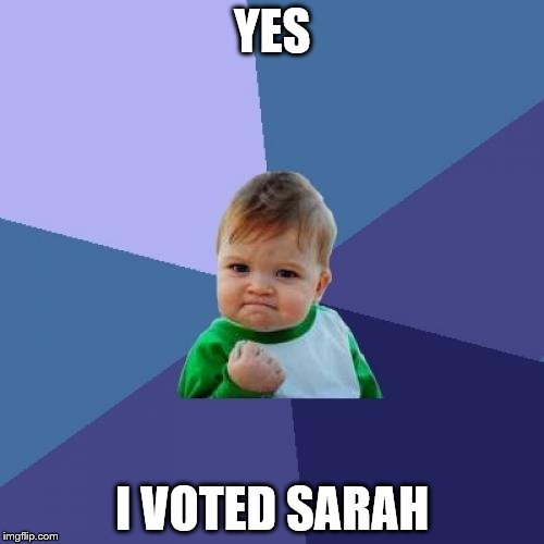 Success Kid | YES; I VOTED SARAH | image tagged in memes,success kid | made w/ Imgflip meme maker