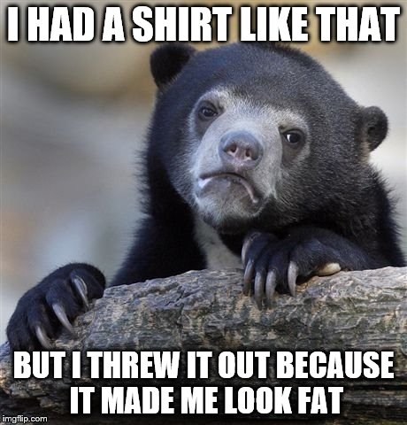 Confession Bear Meme | I HAD A SHIRT LIKE THAT BUT I THREW IT OUT BECAUSE IT MADE ME LOOK FAT | image tagged in memes,confession bear | made w/ Imgflip meme maker