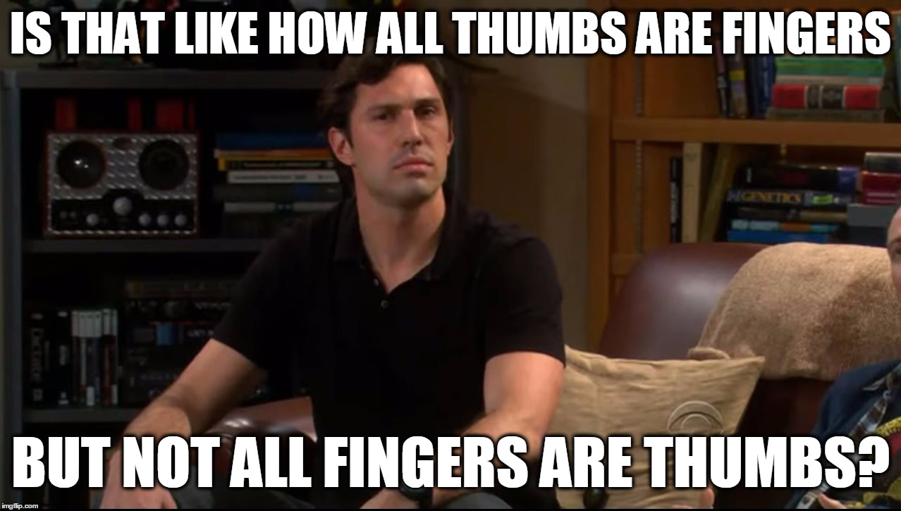 All Thumbs are Fingers | IS THAT LIKE HOW ALL THUMBS ARE FINGERS; BUT NOT ALL FINGERS ARE THUMBS? | image tagged in thumbs,fingers,the big bang theory | made w/ Imgflip meme maker