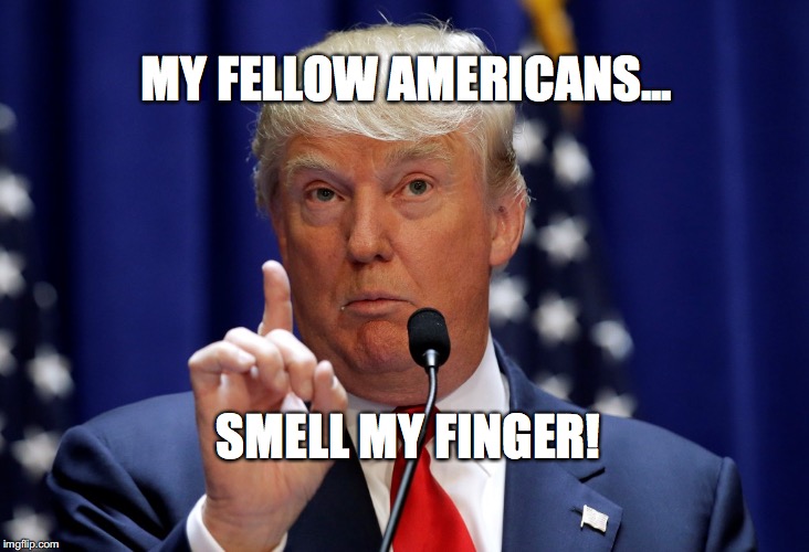 Smell My Finger | MY FELLOW AMERICANS... SMELL MY FINGER! | image tagged in smell my finger,trump,bobcrespodotcom,pussy grabber | made w/ Imgflip meme maker