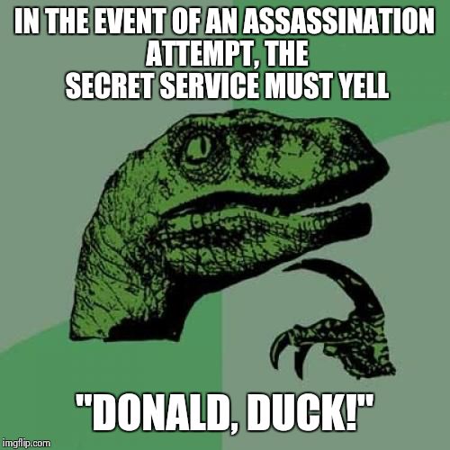 Philosoraptor | IN THE EVENT OF AN ASSASSINATION ATTEMPT, THE SECRET SERVICE MUST YELL; "DONALD, DUCK!" | image tagged in memes,philosoraptor,donald trump | made w/ Imgflip meme maker