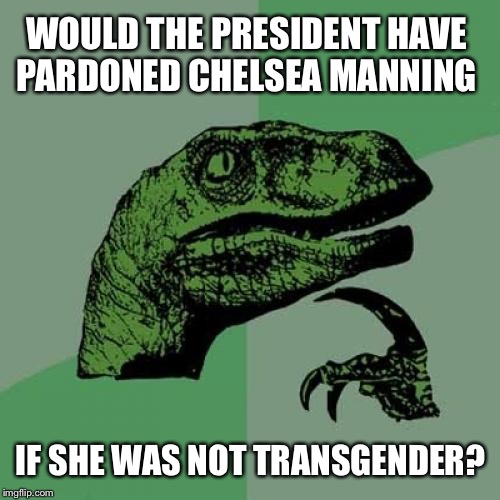 Philosoraptor Meme | WOULD THE PRESIDENT HAVE PARDONED CHELSEA MANNING; IF SHE WAS NOT TRANSGENDER? | image tagged in memes,philosoraptor,transgender | made w/ Imgflip meme maker