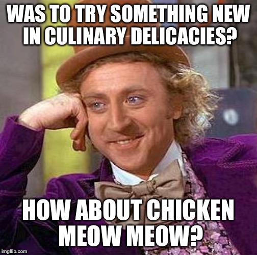Creepy Condescending Wonka | WAS TO TRY SOMETHING NEW IN CULINARY DELICACIES? HOW ABOUT CHICKEN MEOW MEOW? | image tagged in memes,creepy condescending wonka | made w/ Imgflip meme maker
