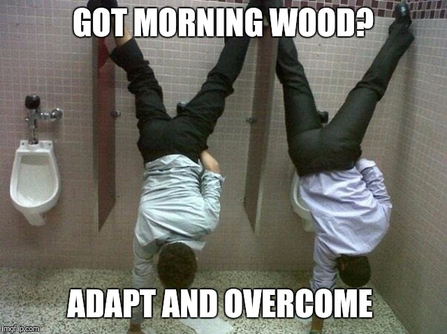 Creative Peeing  | GOT MORNING WOOD? ADAPT AND OVERCOME | image tagged in bathroom humor | made w/ Imgflip meme maker