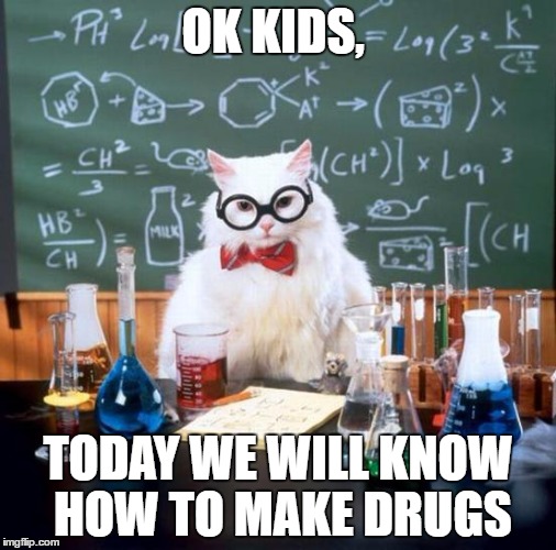 Bill cat the science cat   | OK KIDS, TODAY WE WILL KNOW HOW TO MAKE DRUGS | image tagged in memes,chemistry cat | made w/ Imgflip meme maker