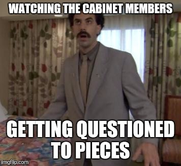 The process is tough!  | WATCHING THE CABINET MEMBERS; GETTING QUESTIONED TO PIECES | image tagged in borat woah | made w/ Imgflip meme maker