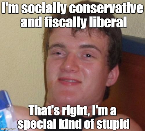 10 Guy Meme | I'm socially conservative and fiscally liberal; That's right, I'm a special kind of stupid | image tagged in memes,10 guy | made w/ Imgflip meme maker