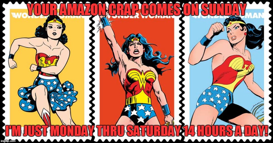 USPS Wonder Woman | YOUR AMAZON CRAP COMES ON SUNDAY; I'M JUST MONDAY THRU SATURDAY 14 HOURS A DAY! | image tagged in wonder woman usps | made w/ Imgflip meme maker