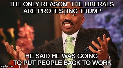 Steve Harvey | THE ONLY REASON  THE LIBERALS ARE PROTESTING TRUMP; HE SAID HE WAS GOING TO PUT PEOPLE BACK TO WORK | image tagged in memes,steve harvey | made w/ Imgflip meme maker