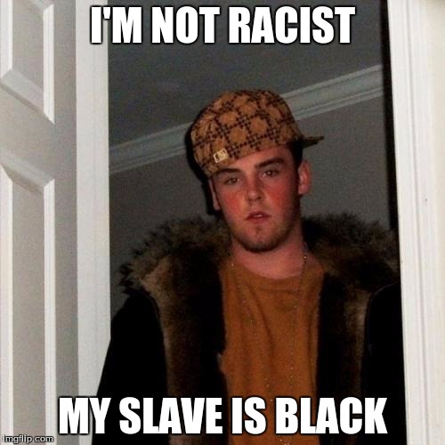 Scumbag Steve Meme | I'M NOT RACIST; MY SLAVE IS BLACK | image tagged in memes,scumbag steve | made w/ Imgflip meme maker