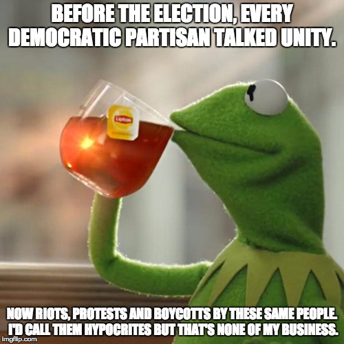 But That's None Of My Business Meme | BEFORE THE ELECTION, EVERY DEMOCRATIC PARTISAN TALKED UNITY. NOW RIOTS, PROTESTS AND BOYCOTTS BY THESE SAME PEOPLE.  I'D CALL THEM HYPOCRITES BUT THAT'S NONE OF MY BUSINESS. | image tagged in memes,but thats none of my business,kermit the frog | made w/ Imgflip meme maker