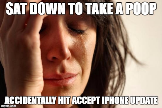 First World Problems Meme | SAT DOWN TO TAKE A POOP; ACCIDENTALLY HIT ACCEPT IPHONE UPDATE | image tagged in memes,first world problems | made w/ Imgflip meme maker