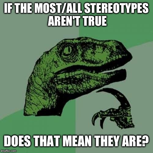 Philosoraptor | IF THE MOST/ALL STEREOTYPES AREN'T TRUE; DOES THAT MEAN THEY ARE? | image tagged in memes,philosoraptor | made w/ Imgflip meme maker