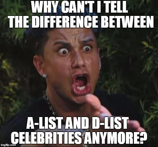 DJ Pauly D Meme | WHY CAN'T I TELL THE DIFFERENCE BETWEEN; A-LIST AND D-LIST CELEBRITIES ANYMORE? | image tagged in memes,dj pauly d,celebrities,hollywood,reality tv,social media | made w/ Imgflip meme maker