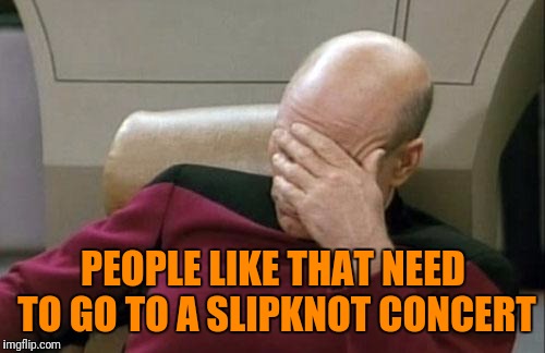Captain Picard Facepalm Meme | PEOPLE LIKE THAT NEED TO GO TO A SLIPKNOT CONCERT | image tagged in memes,captain picard facepalm | made w/ Imgflip meme maker