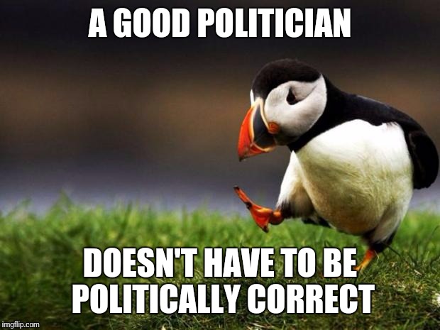 Unpopular Opinion Puffin Meme | A GOOD POLITICIAN; DOESN'T HAVE TO BE POLITICALLY CORRECT | image tagged in memes,unpopular opinion puffin | made w/ Imgflip meme maker