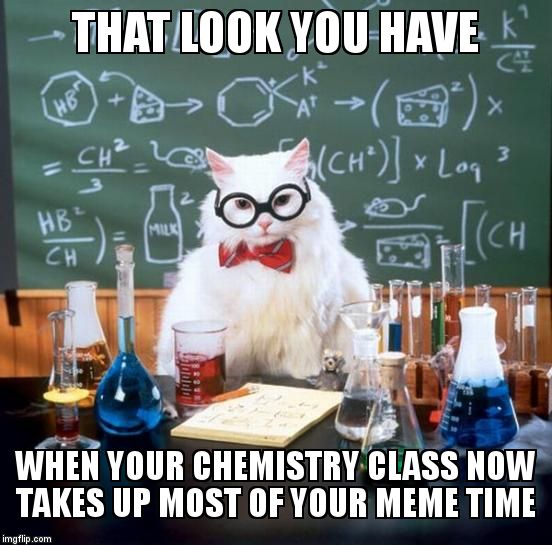 Chemistry Cat Meme | THAT LOOK YOU HAVE; WHEN YOUR CHEMISTRY CLASS NOW TAKES UP MOST OF YOUR MEME TIME | image tagged in memes,chemistry cat | made w/ Imgflip meme maker