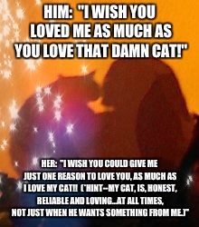 HIM:  "I WISH YOU LOVED ME AS MUCH AS YOU LOVE THAT DAMN CAT!"; HER:  "I WISH YOU COULD GIVE ME JUST ONE REASON TO LOVE YOU, AS MUCH AS I LOVE MY CAT!!  (*HINT--MY CAT, IS, HONEST, RELIABLE AND LOVING...AT ALL TIMES, NOT JUST WHEN HE WANTS SOMETHING FROM ME.)" | image tagged in damn cat | made w/ Imgflip meme maker