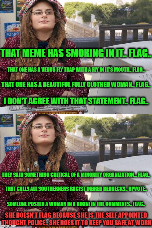 anyone else see this stuff? | THAT MEME HAS SMOKING IN IT.. FLAG.. THAT ONE HAS A VENUS FLY TRAP WITH A FLY IN IT'S MOUTH.. FLAG.. THAT ONE HAS A BEAUTIFUL FULLY CLOTHED WOMAN.. FLAG.. I DON'T AGREE WITH THAT STATEMENT.. FLAG.. THEY SAID SOMETHING CRITICAL OF A MINORITY ORGANIZATION... FLAG.. THAT CALLS ALL SOUTHERNERS RACIST INBRED REDNECKS.. UPVOTE.. SOMEONE POSTED A WOMAN IN A BIKINI IN THE COMMENTS.. FLAG.. SHE DOESN'T FLAG BECAUSE SHE IS THE SELF APPOINTED THOUGHT POLICE.. SHE DOES IT TO KEEP YOU SAFE AT WORK | image tagged in flag | made w/ Imgflip meme maker