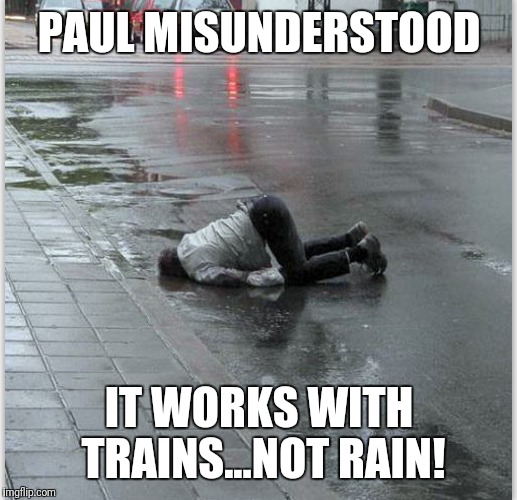 PAUL MISUNDERSTOOD; IT WORKS WITH TRAINS...NOT RAIN! | image tagged in special kind of stupid | made w/ Imgflip meme maker