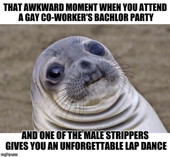 Awkward!!! | THAT AWKWARD MOMENT WHEN YOU ATTEND A GAY CO-WORKER'S BACHLOR PARTY; AND ONE OF THE MALE STRIPPERS GIVES YOU AN UNFORGETTABLE LAP DANCE | image tagged in awkward moment sealion,gay marriage,bachlor party,male stripper,lapdance | made w/ Imgflip meme maker