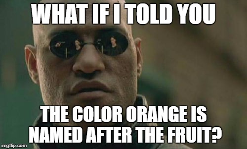 'Tis true. | WHAT IF I TOLD YOU; THE COLOR ORANGE IS NAMED AFTER THE FRUIT? | image tagged in memes,matrix morpheus | made w/ Imgflip meme maker