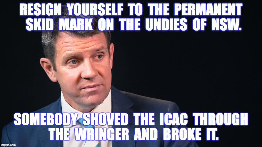 Mike Baird | RESIGN  YOURSELF  TO  THE  PERMANENT  SKID  MARK  ON  THE  UNDIES  OF  NSW. SOMEBODY  SHOVED  THE  ICAC  THROUGH  THE  WRINGER  AND  BROKE  IT. | image tagged in mike baird | made w/ Imgflip meme maker