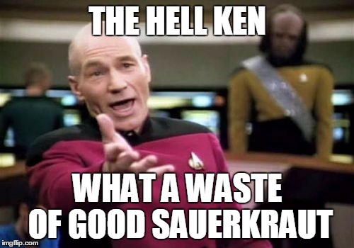 Picard Wtf Meme | THE HELL KEN WHAT A WASTE OF GOOD SAUERKRAUT | image tagged in memes,picard wtf | made w/ Imgflip meme maker