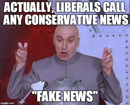 Dr Evil Laser Meme | ACTUALLY, LIBERALS CALL ANY CONSERVATIVE NEWS; "FAKE NEWS" | image tagged in memes,dr evil laser | made w/ Imgflip meme maker